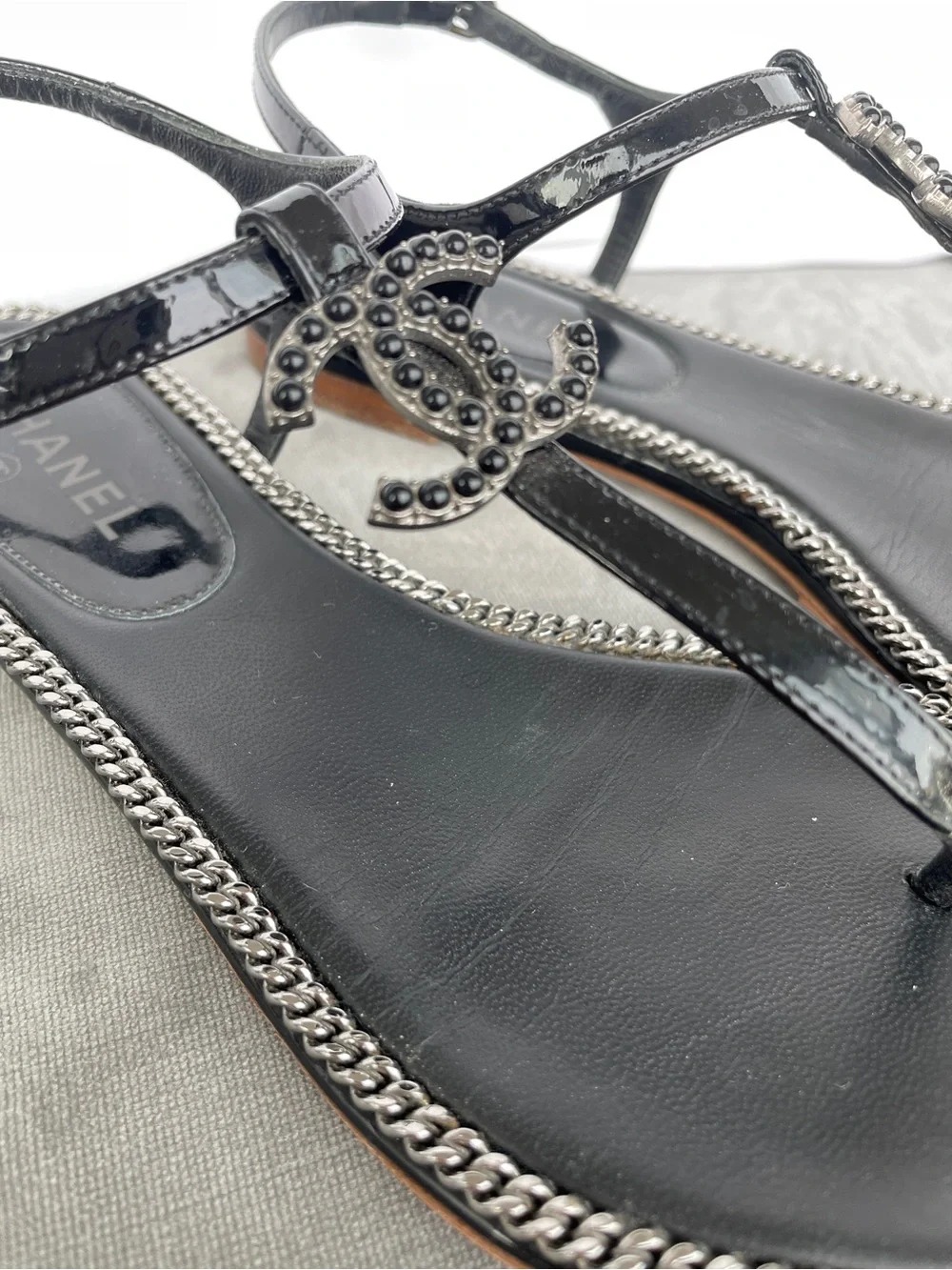 Chanel Black Chain-Trim Thong Sandals Embellished CC Logo & Silver Chains Detail